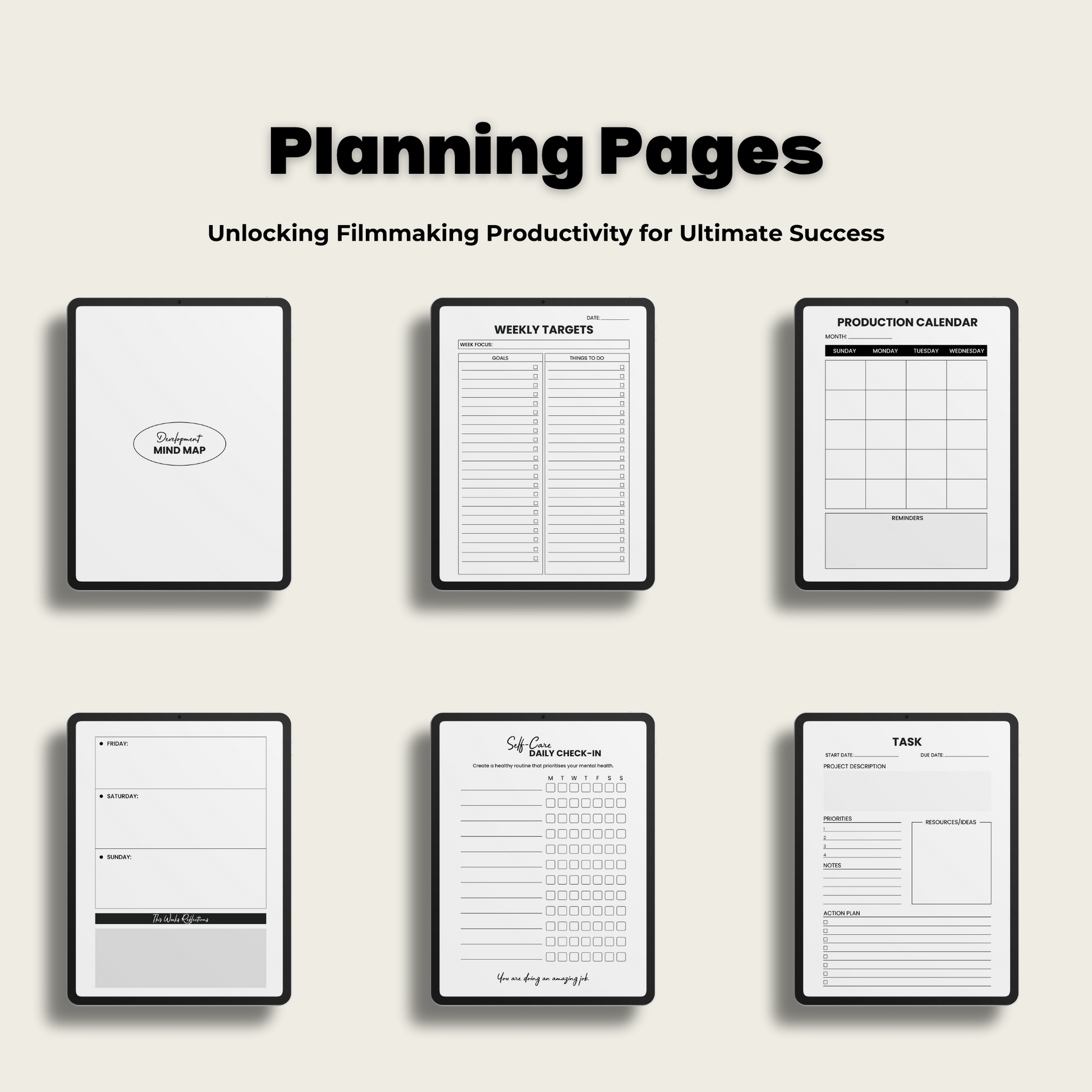 Planning pages inside filmmaking digital planner, mind map, weekly targets, production calendar, journal page, self-care check in and task sheet.