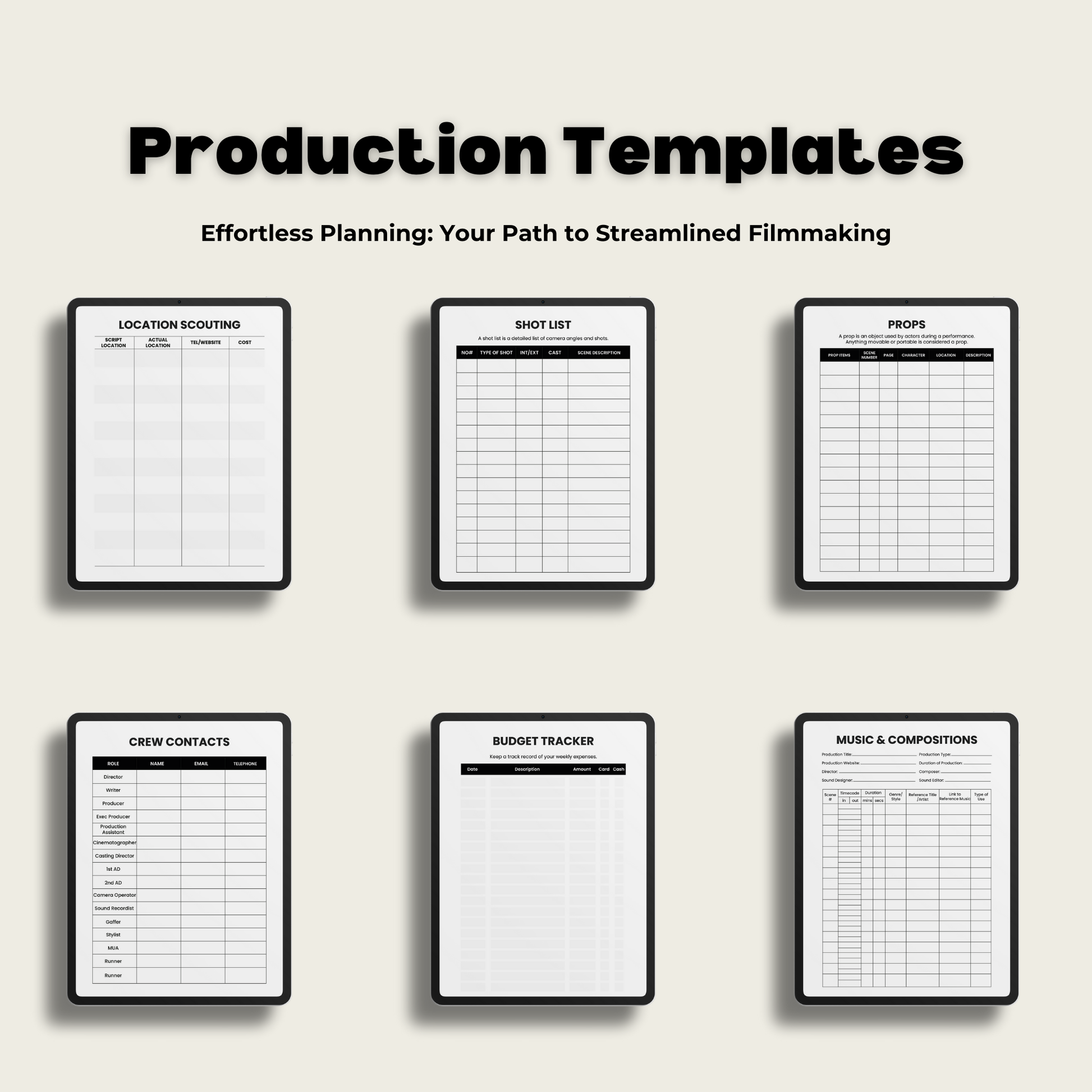 Production digital template pages inside the planner, location sheet, shot list, props, crew contacts, budget tracker and music composition sheet. 