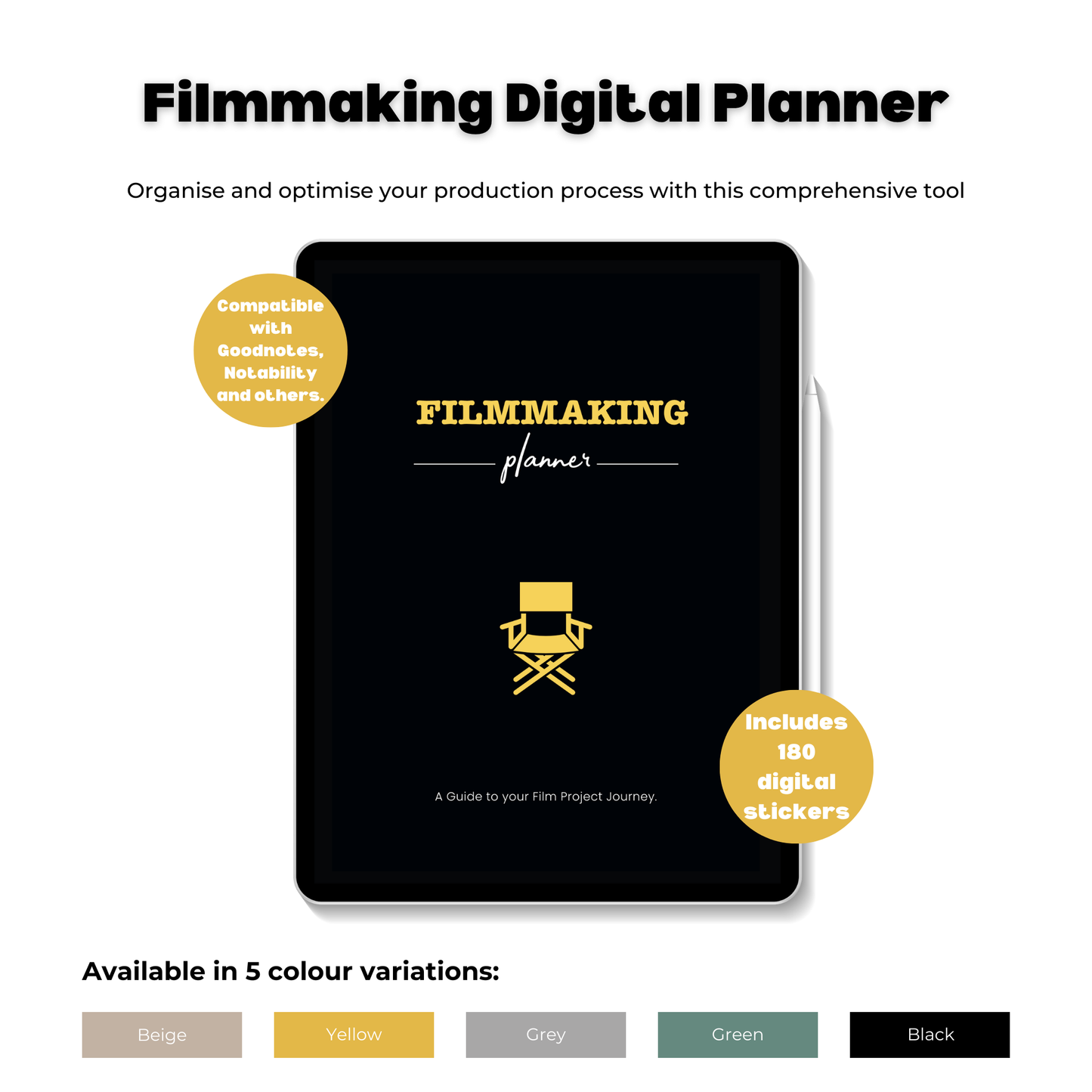 Filmmaking Digital Planner image showing yellow planner variation.