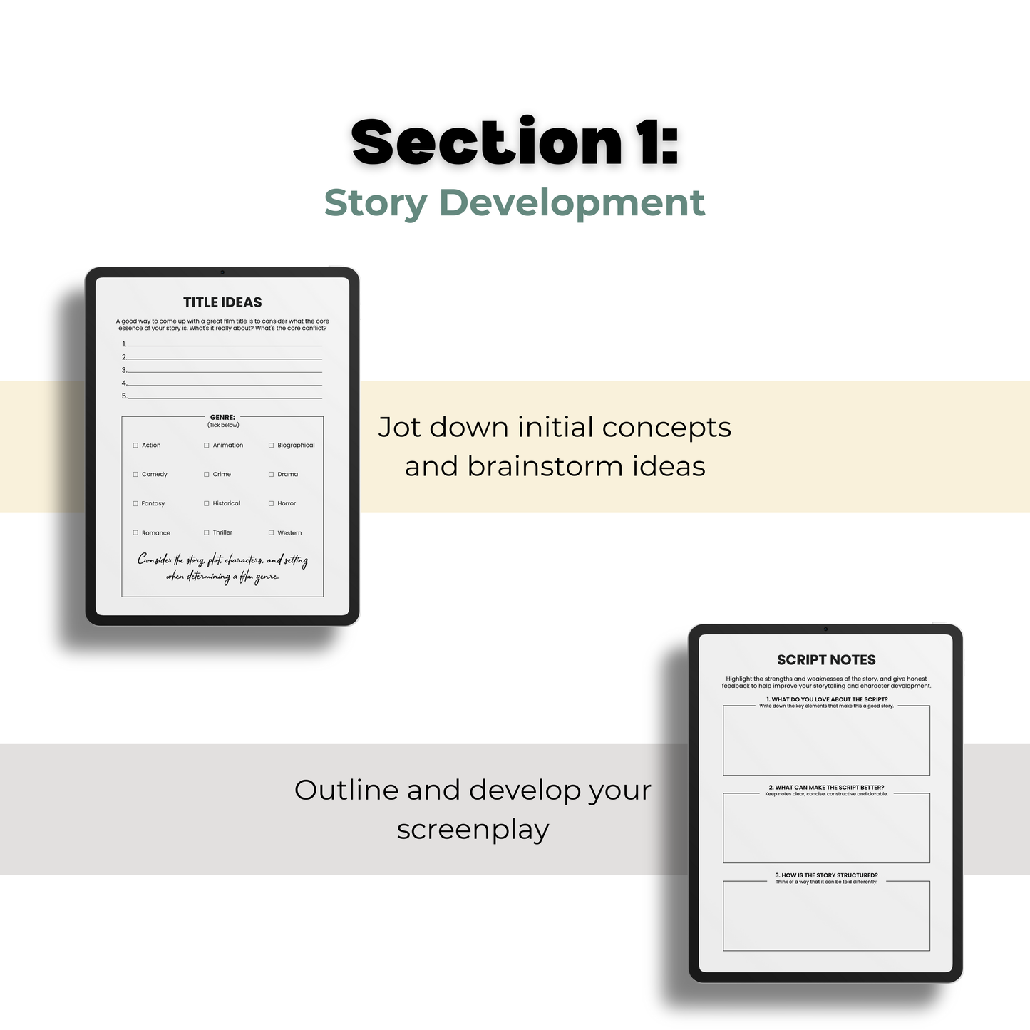 Digital Planner section breakdown, story development pages. 