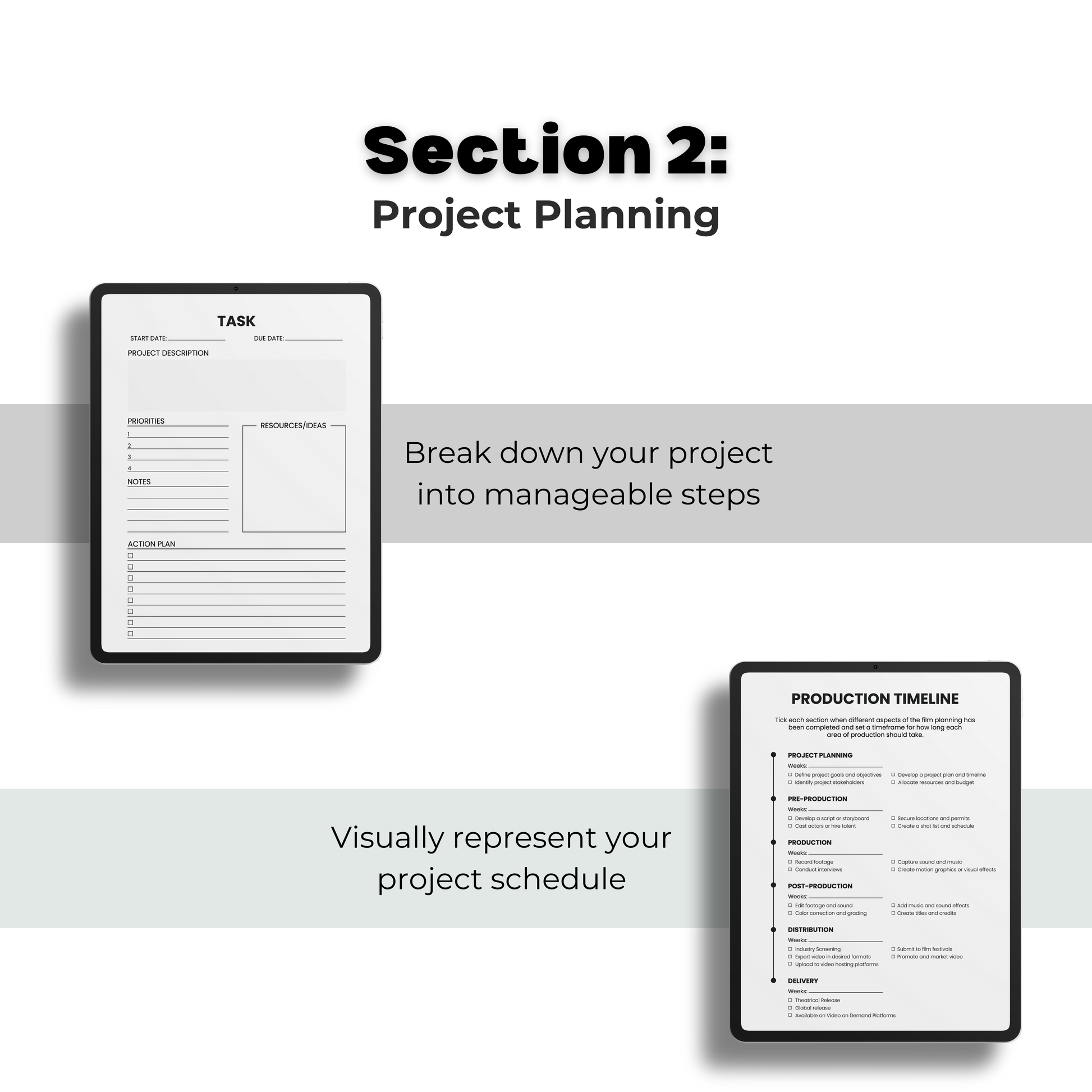 Filmmaking digital planner, project planning pages task breakdown and production timeline.
