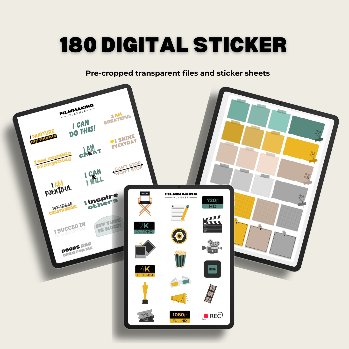 Filmmaking digital sticker product display, general organising stickers, film symbols and affirmation prompts.