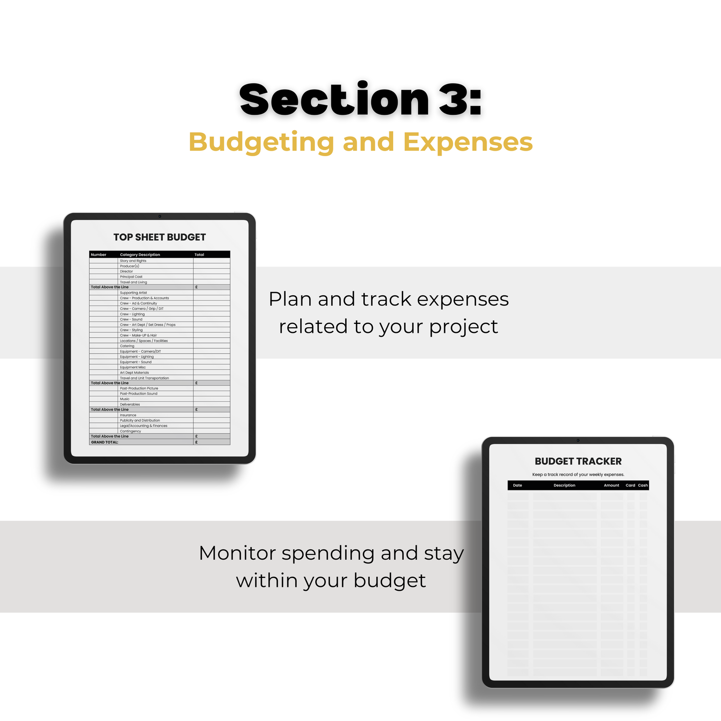 Digital planner page display showing top sheet filmmaking budget and budget tracker page.