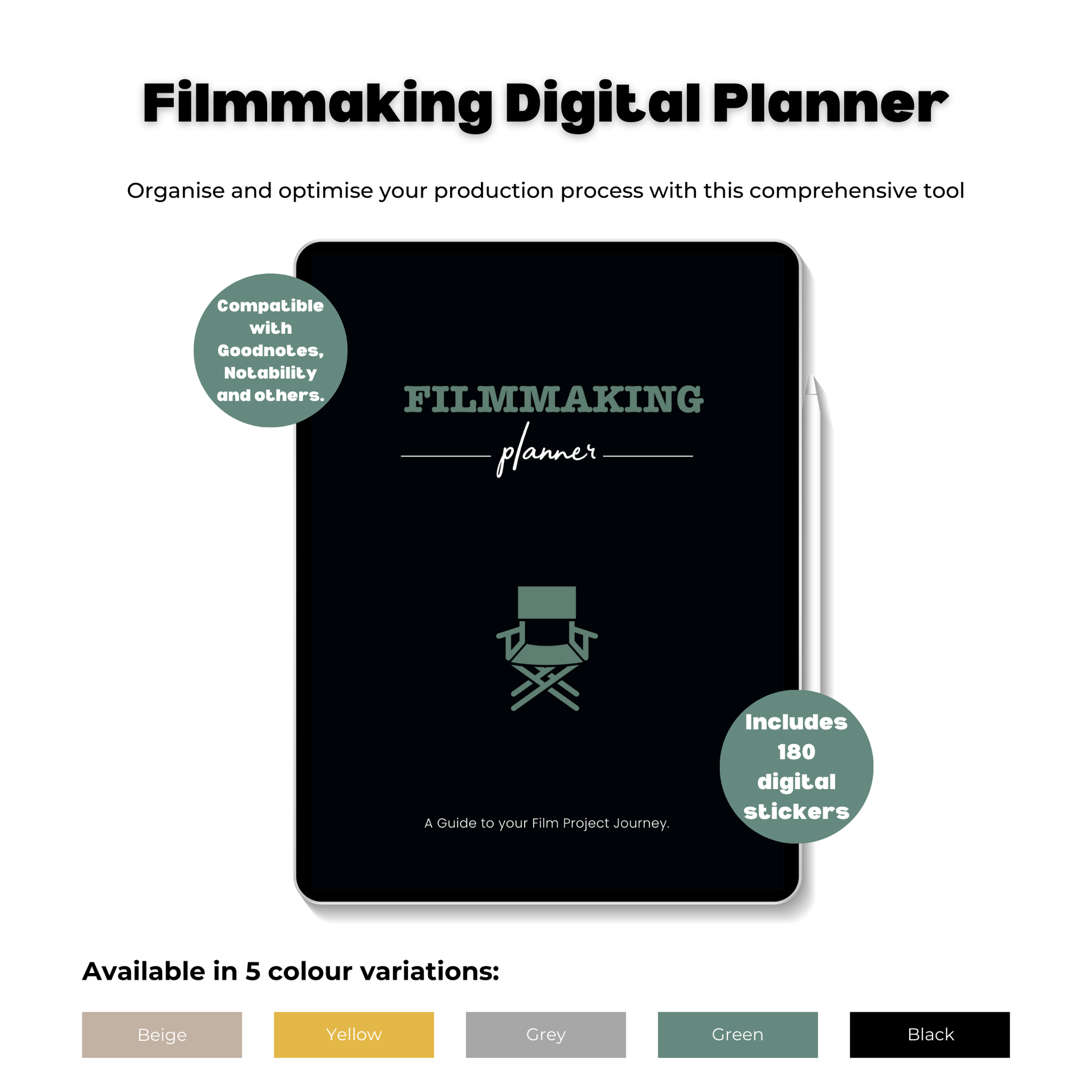 Filmmaking Digital Planner image showing green planner variation.