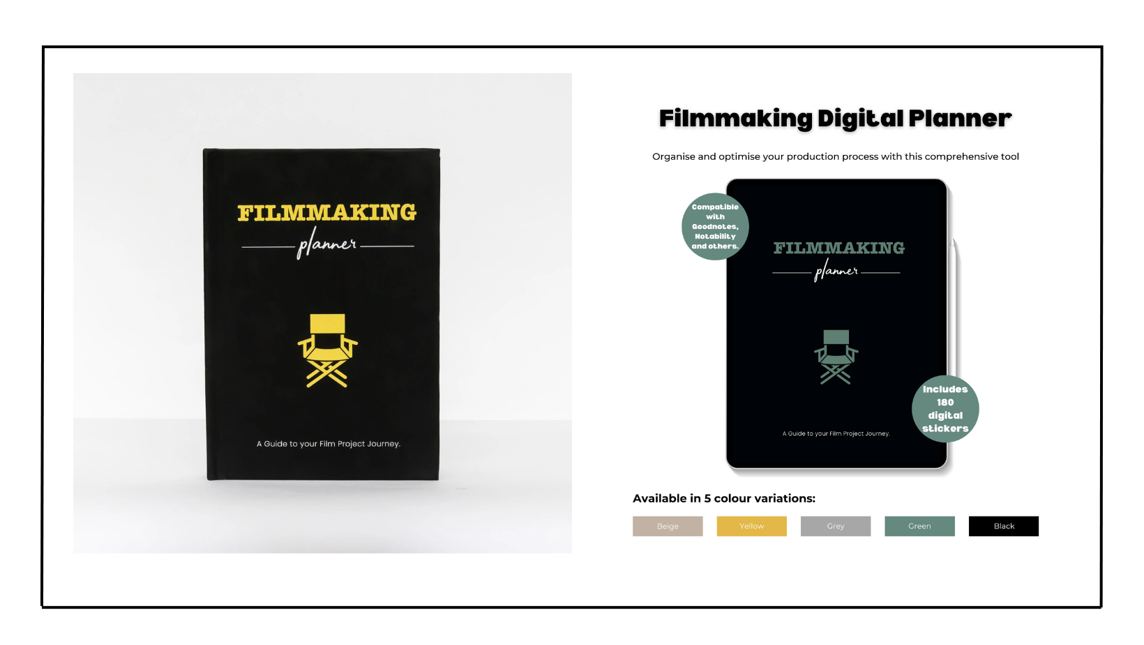 Mock up of hardcopy A5 filmmaking planner and digital yellow planner side by side. 