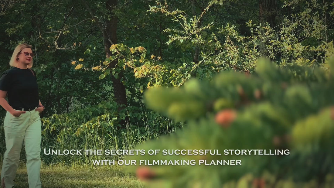 Filmmaking Planner advert by filmmaker Tina, walking in the park at a picnic and writing in her filmmaking planner. 