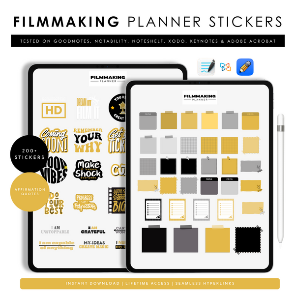 Filmmaking planner stickers with various designs on a digital device screen.