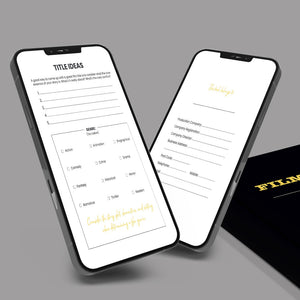 Two phones displaying digital filmmaking planner on Title Ideas page and This Book Belongs to page. 