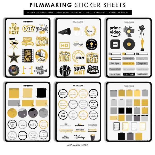 Set of six filmmaking-themed sticker sheets on a white background
