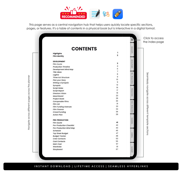 Tablet displaying a table of contents with navigation options on a white background