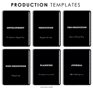 Six black templates with white text on a white background, labeled 'Development', 'Production', 'Pre-Production', 'Post-Production', 'Planning', and 'Journal'.