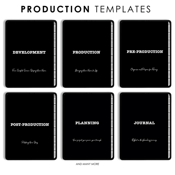 Six black templates with white text on a white background, labeled 'Development', 'Production', 'Pre-Production', 'Post-Production', 'Planning', and 'Journal'.