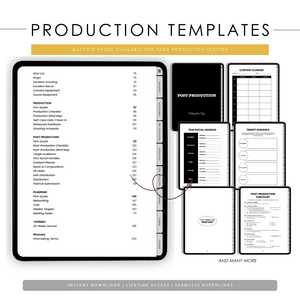 Collection of production templates with various forms and checklists on a white background.