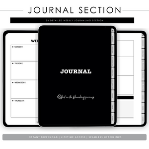 Black journal with weekly journaling sections on a white background
