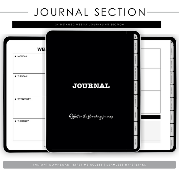 Black journal with weekly journaling sections on a white background