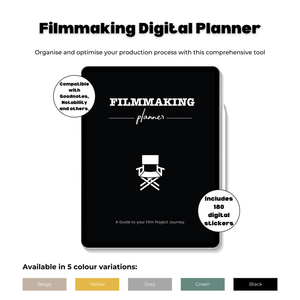 An AI mage of the filmmaking digital planner in the centre of the page with two circle shapes at the top left of the digital planner and one at the bottom right explaining that this planner is compatible with goodnotes, notability and others. Includes 180 stickers and showcases a variety of colour options from beige to black across the bottom of the image