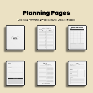 Planning pages inside digital filmmaking planner, mind map, weekly targets, production calendar, task