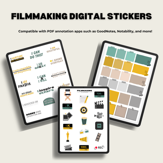Digital Sticker Sheet display of film symbols, quotes and general stickers. 