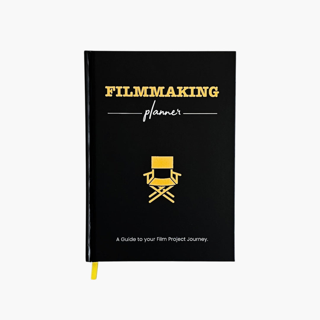 Black filmmaking planner with yellow text and icon on a white background