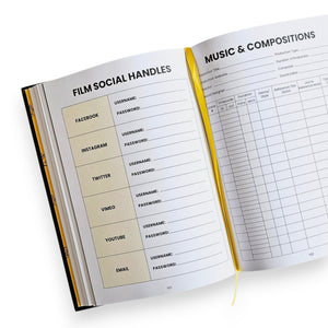 Open notebook showing pages with 'Film Social Handles' and 'Music & Compositions' sections.