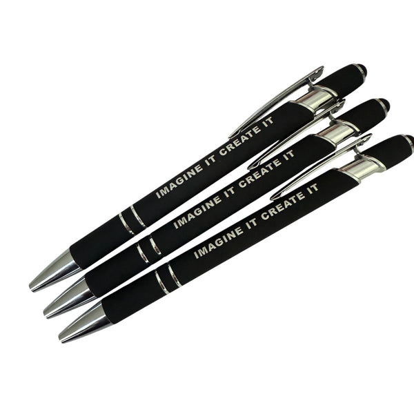 Three black pens with silver accents and 'IMAGINE IT CREATE IT' text on a white background