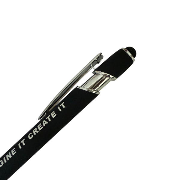 Black pen with silver clip and 'CREATE IT' text on a white background