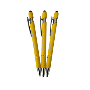 Three yellow pens with black tips and silver accents on a white background