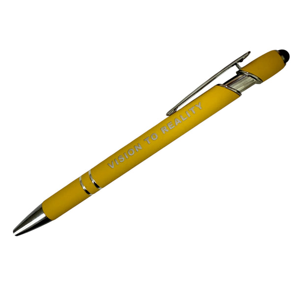 Yellow pen with 'VISION TO REALITY' text on a white background
