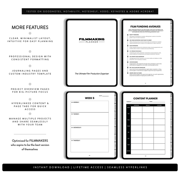 Film production planner with various pages on a white background