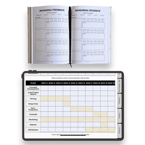Two open books with rehearsal feedback forms on a white background