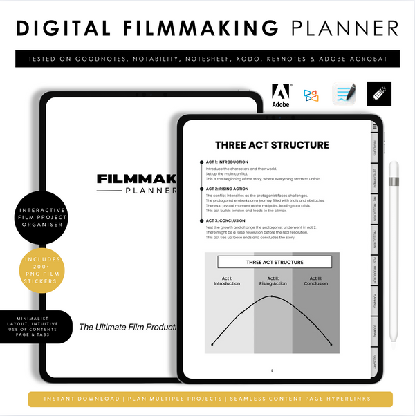 Digital Filmmaking Planner with tablet displaying content on a white background