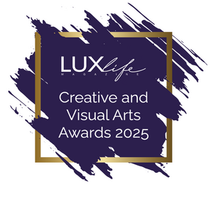 LUXlife Magazine Creative and Visual Arts Awards 2025 logo with a purple brushstroke background