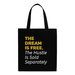 Black tote bag with yellow and white text on a white background