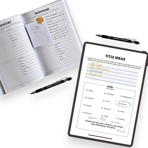 Notebook with open pages and a pen on a white surface