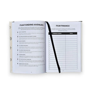 Open book with pages titled 'Film Funding Avenues' and 'Film Finance' on a white background.